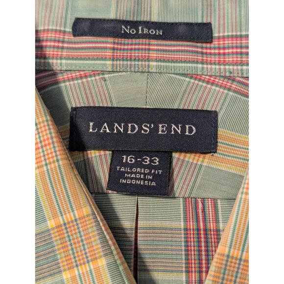 Lands' End Mint Plaid No Iron Tailored Fit Button Front Mens' Size 16-33 Shirt - Picture 4 of 9